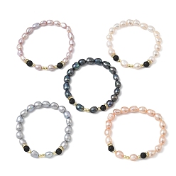 (52) Непрозрачная лаванда Эластичные браслеты для женщин из натурального культивированного пресноводного жемчуга и бусин из вулканической породы., картофель, разноцветные, бусины : 8~9x9~10 мм, внутренний диаметр: 2.13 дюйм (5.4 см)