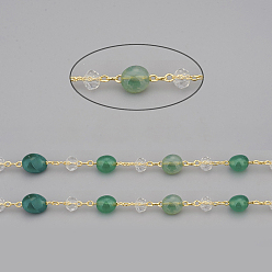 Natural Agate Handmade Natural Green Agate Beaded Chains, with Rondelle Glass Beads and Brass Cable Chains, Long-Lasting Plated, Unwelded, with Spool, Nuggets, Golden, Link: 2x1.5x0.3mm, Gemstone Beads: 6~12x6~6.5x4~4.5mm, Glass Beads: 4x3mm, about 32.8 Feet(10m)/roll