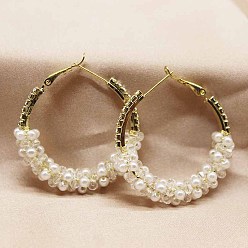 Golden Glass Pearl Beaded Hoop Earrings, Golden, 35mm