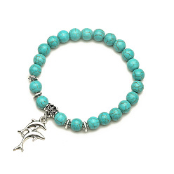 Dolphin Turquoise Beaded Bracelet Set with Cross Pendant - Vintage Natural Stone Jewelry