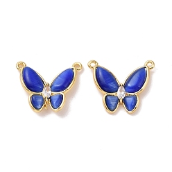 Medium Blue Cat Eye Pendants, Butterfly Charm, with Brass Clear Cubic Zirconia, Cadmium Free & Lead Free, Real 18K Gold Plated, Medium Blue, 17x20.5x4mm, Hole: 1.2mm