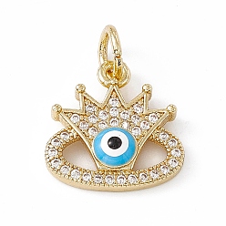 Deep Sky Blue Rack Plating Brass Enamel Cubic Zirconia Charms, Crown with Evil Eye Charm, with Jump Ring, Long-Lasting Plated, Real 18K Gold Plated, Lead Free & Cadmium Free, Deep Sky Blue, 15x15x3.6mm, Hole: 4mm