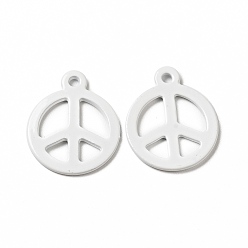 White Spray Painted 201 Stainless Steel Pendants, Flat Round with Peace Sign Charm, White, 15x12.5x1mm, Hole: 1.4mm