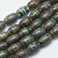 Wave Pattern Tibetan Style Double Tiger dZi Beads Strands, Natural Agate Beads, Dyed & Heated, Rice, Dark Olive Green, Hole: 2~3mm, about 15pcs/strand, 12.7 inch~13.5 inch(32.5~34.5cm)