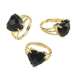 Обсидиан Латунные манжеты с открытыми кольцами, с естественным обсидианом, сердце, граненые, стойки покрытие, долговечный, золотые, размер США 8 1/2 (18.5 мм)
