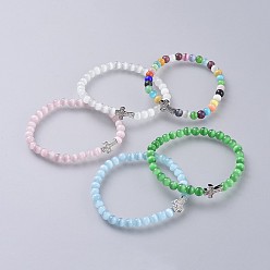 Mixed Color Cat Eye Stretch Bracelets, with Brass Micro Pave Cubic Zirconia Cross Beads, Mixed Color, 2 inch(5cm)