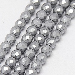 Silver Plated Electroplate Non-magnetic Synthetic Hematite Beads Strands, Faceted, Frosted, Round, Grade A, Silver Plated, 3mm, Hole: 1mm, about 127pcs/strand, 16 inch