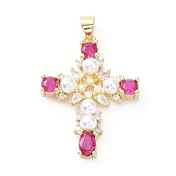 Deep Pink Brass Pave Cubic Zirconia with ABS Plastic Imitation Pearl Pendants, Real 18K Gold Plated, Cross, Deep Pink, 31x23.5x5mm, Hole: 3.5x4.5mm