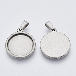 Stainless Steel Color 201 Stainless Steel Pendant Cabochon Settings, Flat Round, Stainless Steel Color, Tray: 18mm, 24.5x21x2.2mm, Hole: 4x8mm