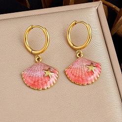 Pink 304 Серьги-кольца в форме раковины из нержавеющей стали с эмалированным покрытием и подвеской в виде морской звезды, золотые, розовые, 36x19 мм