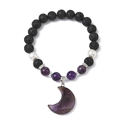 Луна Браслеты с подвесками из натурального аметиста, лавового камня и жемчуга из ракушек., круглые эластичные браслеты из бусин для женщин, С немагнитным синтетическим гематитом, луна, внутренний диаметр: 2.17 дюйм (5.5 см)