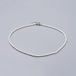 White Glass Seed Beaded Necklaces, with Brass Crimp Beads and 304 Stainless Steel Lobster Claw Clasps, White, 18.3 inch(46.5cm)