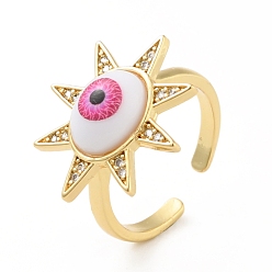 Hot Pink Cubic Zirconia Sun with Evil Eye Open Cuff Ring with Acrylic, Real 18K Gold Plated Brass Jewelry for Women, Cadmium Free & Lead Free, Hot Pink, US Size 6 1/4(16.7mm)