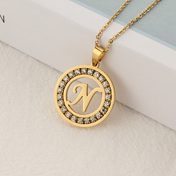 Letter N Crystal Rhinestone Initial Letter Pendant Necklace with Cable Chains, Stainless Steel Jewelry for Women, Golden, Letter.N, 15.75 inch(40cm)