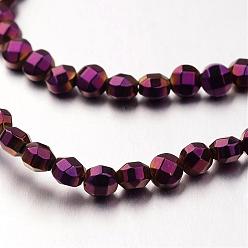 Purple Plated Electroplate Non-magnetic Synthetic Hematite Bead Strands, Faceted, Flat Round, Purple Plated, 4x4x3mm, Hole: 1mm, about 102pcs/strand, 15.7 inch