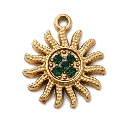 Изумруд 304 подвески из микростразов из нержавеющей стали, солнечные чары, ионное покрытие (ip), реальный 18 k позолоченный, изумруд, 13.5x11.5x2 мм, отверстие : 1 мм