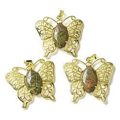 Унакит Природные подвески Unakite, латунные подвески-бабочки, золотые, стойки покрытие, без кадмия и без свинца, 41.5x45x8 мм, отверстие : 8x4.5 мм
