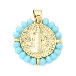 Темно-Голубой Латунь стекло кулоны, плоский круглый с амулетом в виде святого и креста, долговечный, без кадмия и без свинца, реальный 18 k позолоченный, граненые, глубокое синее небо, 21x20.5~21x3 мм, отверстие : 5x3.5 мм