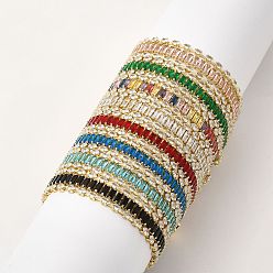 Mixed Color Cubic Zirconia Rectangle Link Chains Triple Layer Multi-strand Bracelet, Real 18K Gold Plated Brass Jewelry for Women, Cadmium Free & Lead Free, Mixed Color, 7-1/4 inch(18.5cm)