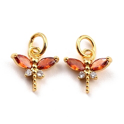 Chocolate Brass Micro Pave Cubic Zirconia Charms, Real 18K Gold Plated, Cadmium Free & Lead Free, Autumn Pendants, Dragonfly, Chocolate, 10x10.5x3mm, Hole: 3.8mm