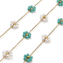 Light Sea Green Glass & ABS Plastic Pearl Beaded Flower Link Chains, with Golden 304 Stainless Steel Cable Chains, Soldered, with Spool, Light Sea Green, 8.5x9x3mm, 8x8.5x3mm, about 32.81 Feet(10m)/Roll