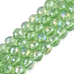 Pale Green Transparent Glass Beads Strands, Round, Faceted(96 Facets), AB Color Plated, Pale Green, 8mm, Hole: 1~1.2mm, about 67~71pcs/strand, 19.29~20.87 inch(49~53cm)