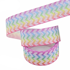 Others Gradient Rainbow Color Printed Grosgrain Ribbons, for Craft Bows Gift Wrapping Wedding Decoration, Flat, Wave Pattern, 1 inch(25mm), 5 yards/roll