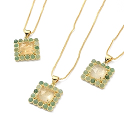 Yellow Quartz Natural Yellow Agate & Green Aventurine Rectangle Pendant Necklace, Real 18K Gold Plated Brass Jewelry, 17.48~17.68 inch(44.4~44.9cm)