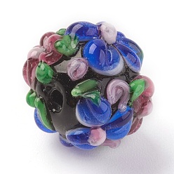Blue Handmade Lampwork Beads, Rondelle with Flower, Bumpy, Blue, 14~15x12~13mm, Hole: 1.5~1.8mm