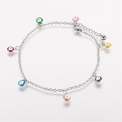 Colorful 304 Stainless Steel Charm Anklets, with Enamel Charms, Evil Eye, Platinum, Colorful, 10-3/8 inch(263mm), 2mm