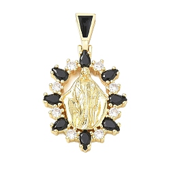 Black Religion Brass Pave Cubic Zirconia Pendants, with Enamel, Oval with Saint Benedict Charms, Lead Free & Cadmium Free, Long-Lasting Plated, Rack Plating, Real 18K Gold Plated, Black, 36mm, Pendant: 29x20x4mm, Hole: 5.5x3mm
