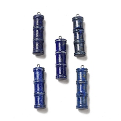 Lapis Lazuli Natural Lapis Lazuli Pendants, Bamboo Stick Charms, with Stainless Steel Color Tone 304 Stainless Steel Loops, 45x12.5mm, Hole: 2mm
