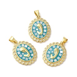 Medium Turquoise Oval with Virgin Face Brass Micro Pave Cubic Zirconia Pendants, with Enamel & Shell, Long-Lasting Plated, Lead Free & Cadmium Free, Real 18K Gold Plated, Medium Turquoise, 22x17x3mm, Hole: 5.5x4mm
