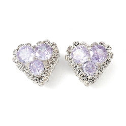 лаванда Латунные микро проложить кубического циркония подвески, сердце, со стразами, серебряные, лаванда, 14.5x15.5x11 мм, отверстие : 1 мм