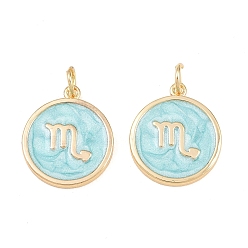 Scorpio Brass Enamel Pendants, Flat Round & Constellation Charms, Rack Plating, Long-Lasting Plated, Cadmium Free & Lead Free, Golden, Scorpio Charms, 17.5x15x2mm, Hole: 3mm