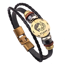 Pisces Braided Cowhide Cord Multi-Strand Bracelets, Constellation Bracelet for Men, with Wood Bead & Alloy Clasp, Pisces, 8-1/4 inch(21cm)