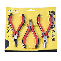 Red 45# Carbon Steel Jewelry Tool Sets: Round Nose Plier, Diagonal Cutting Plier and Long Nose Plier, with Plastic Covers, Red, 185x170x20mm, 3pcs/set