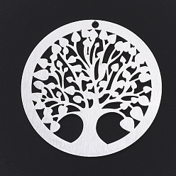 Silver Aluminium Big Pendants, Laser Cut Big Pendants, Flat Round with Tree of Life, Silver Color Plated, 50x1mm, Hole: 2mm