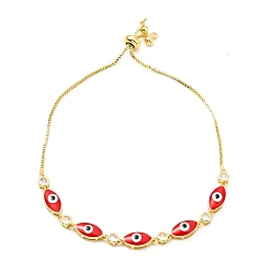 Red Clear Cubic Zirconia & Enamel Horse Eye Links Slider Bracelet, Gold Plated Brass Jewelry for Women, Lead Free & Cadmium Free, Red, 11 inch(28cm)