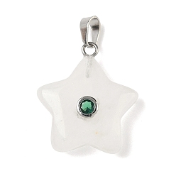 Хрусталь Природного кварца хрустальных подвесок, Подвески в форме звезды из горного хрусталя с 201 микрофиброй из нержавеющей стали с отделкой из кубических цирконий, цвет нержавеющей стали, 21.5x20x6.5 мм, отверстие : 6x3 мм