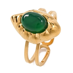 Зеленый агат Овальные перстни из натурального зеленого оникса-агата, конский глаз золотистого тона 304 манжеты из нержавеющей стали для женщин, лошадь глаз: 17x11 мм, внутренний диаметр: регулируемый