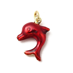 Красный Латунные эмалевые подвески с морскими животными, прелести дельфинов, без свинца и без кадмия, долговечный, стойки покрытие, реальный 18 k позолоченный, красные, 21x16x5 мм, отверстие : 3.5 мм