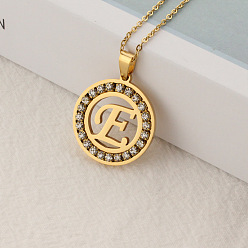 Letter E Crystal Rhinestone Initial Letter Pendant Necklace with Cable Chains, Stainless Steel Jewelry for Women, Golden, Letter.E, 15.75 inch(40cm)