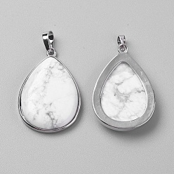 Howlite Natural Howlite Pendants, with Platinum Tone Brass Findings, Teardrop, 37.5x25.5x6.5~8mm, Hole: 8x5mm