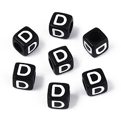 Letter D Начальные акриловые бусины с горизонтальной дырочкой, кубические, чёрные, Буква D, 6x6x6 мм, отверстие : 3.5 мм, 3330 шт / 500 г