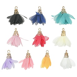 Mixed Color 10Pcs 10 Colors Chiffon Pendants, with Golden Iron Findings, Flower Charms, Mixed Color, 25~27x20~30mm, Hole: 2.5mm, 1Pc/color