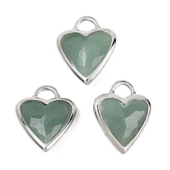 Зеленый Авантюрин Граненые подвески из натурального зеленого авантюрина, Подвески в форме сердца из латуни с драгоценными камнями в оправе, платина, 22x18.5~19x7 мм, отверстие : 5x4 мм