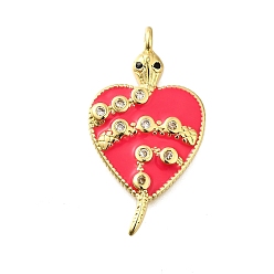 Ярко-Розовый Латунные микро проложить кубического циркония подвески, с эмалью, сердце со змеиными чарами, без свинца и без кадмия, стойки покрытие, долговечный, ярко-розовый, 28.5x15.5x3 мм, отверстие : 1.6 мм