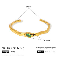 Золотой 304 Браслеты-манжеты из нержавеющей стали с микропаве и зелеными кубическими циркониями для женщин, прямоугольные, золотые, внутренний диаметр: 2.40 дюйм (6.1 см)