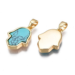 Turquoise Real 18K Gold Plated Brass Pendants, with Synthetic Gemstone Cabochons, Cadmium Free & Nickel Free & Lead Free, Hamsa Hand/Hand of Miriam, Buddhist Theme, Turquoise, 17x12x3mm, Hole: 2.5x5mm
